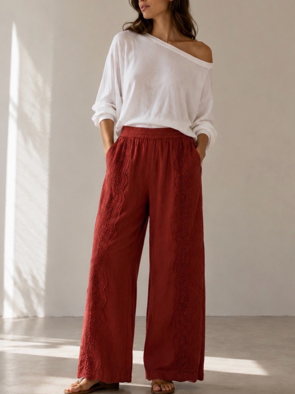 Sundance Wide-Leg Crochet Trim Pants in Rust